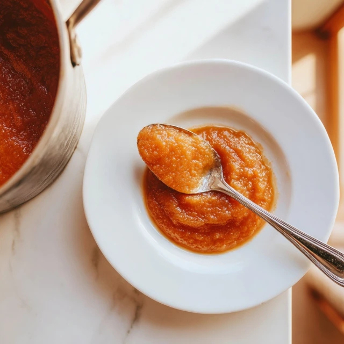 Spoonful of thick peach butter holding shape on white plate

