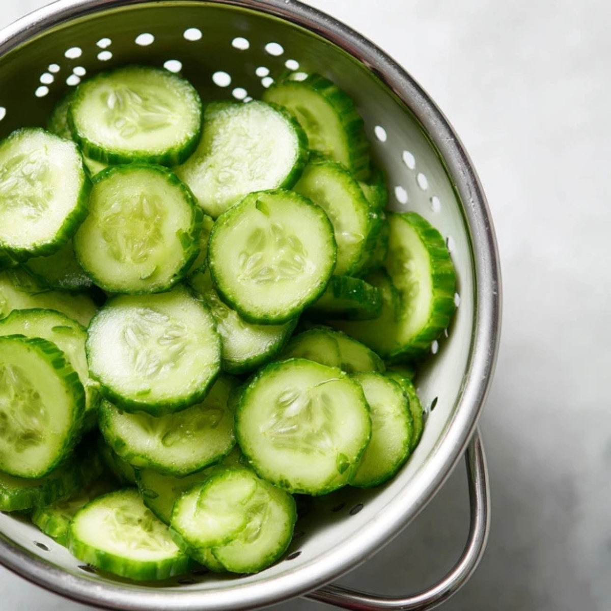 sliced cucumbers in colander for salad