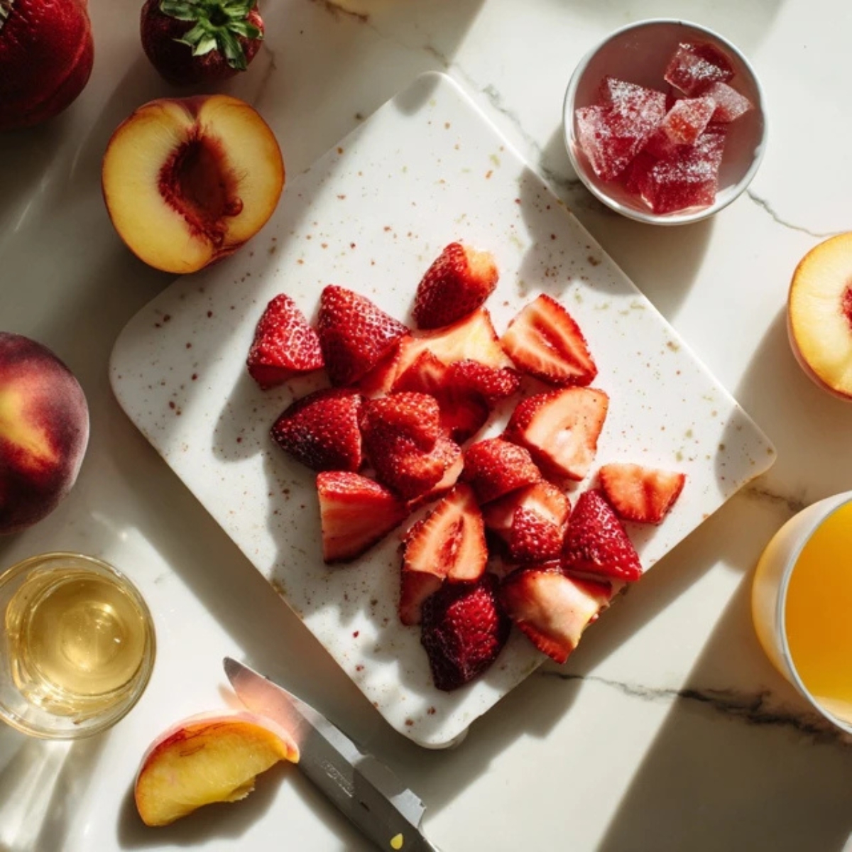 sliced strawberries and chopped peach on cutting board