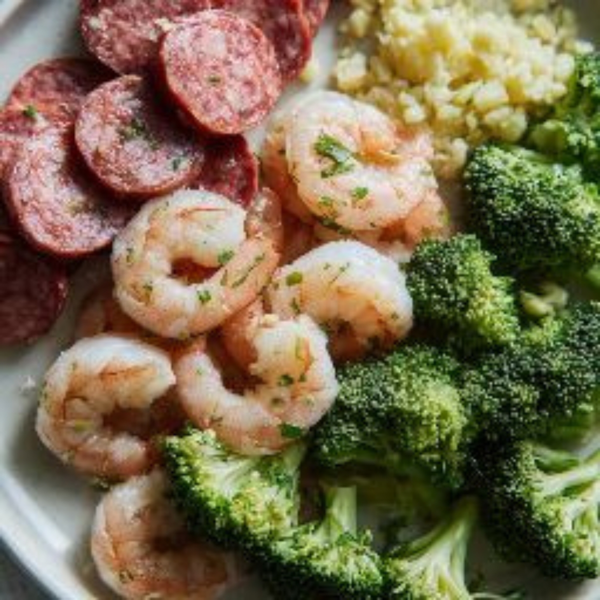 raw shrimp, sausage slices, broccoli, and garlic on white kitchen counter