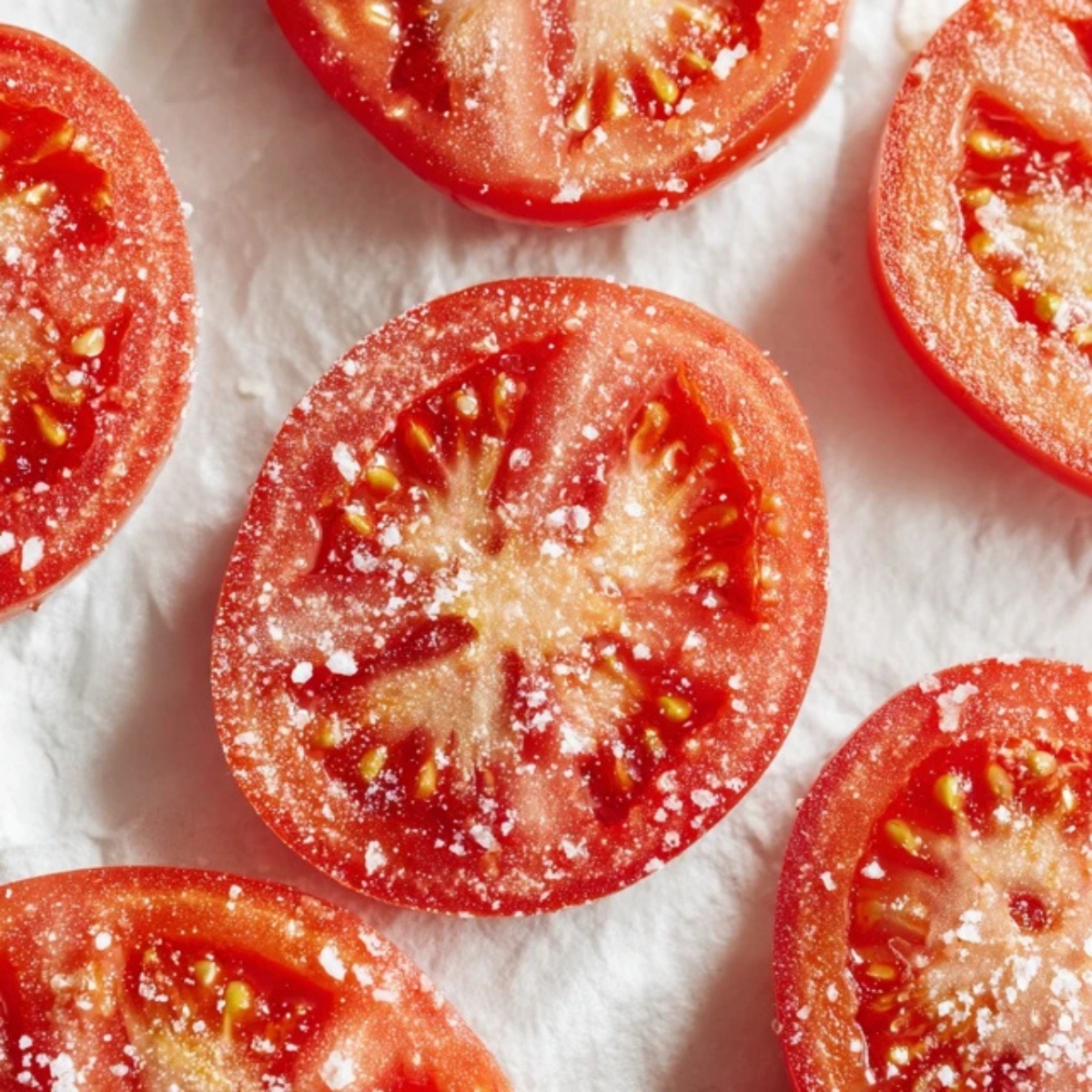 salted tomato slices draining on paper towels