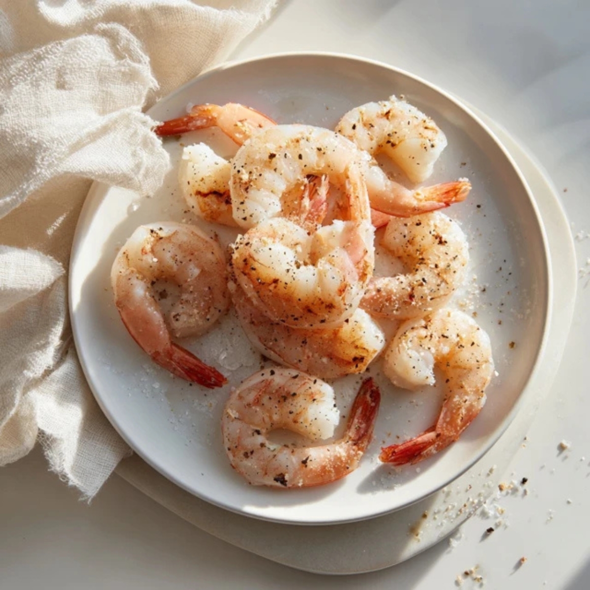 Seasoned raw shrimp on a white plate

