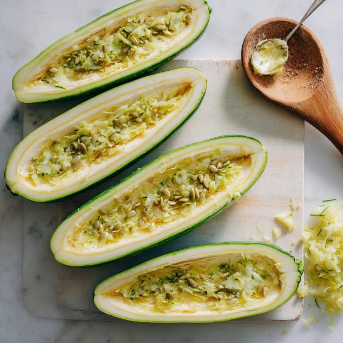 Fresh zucchini halves scooped and ready for pizza boats on white counter.