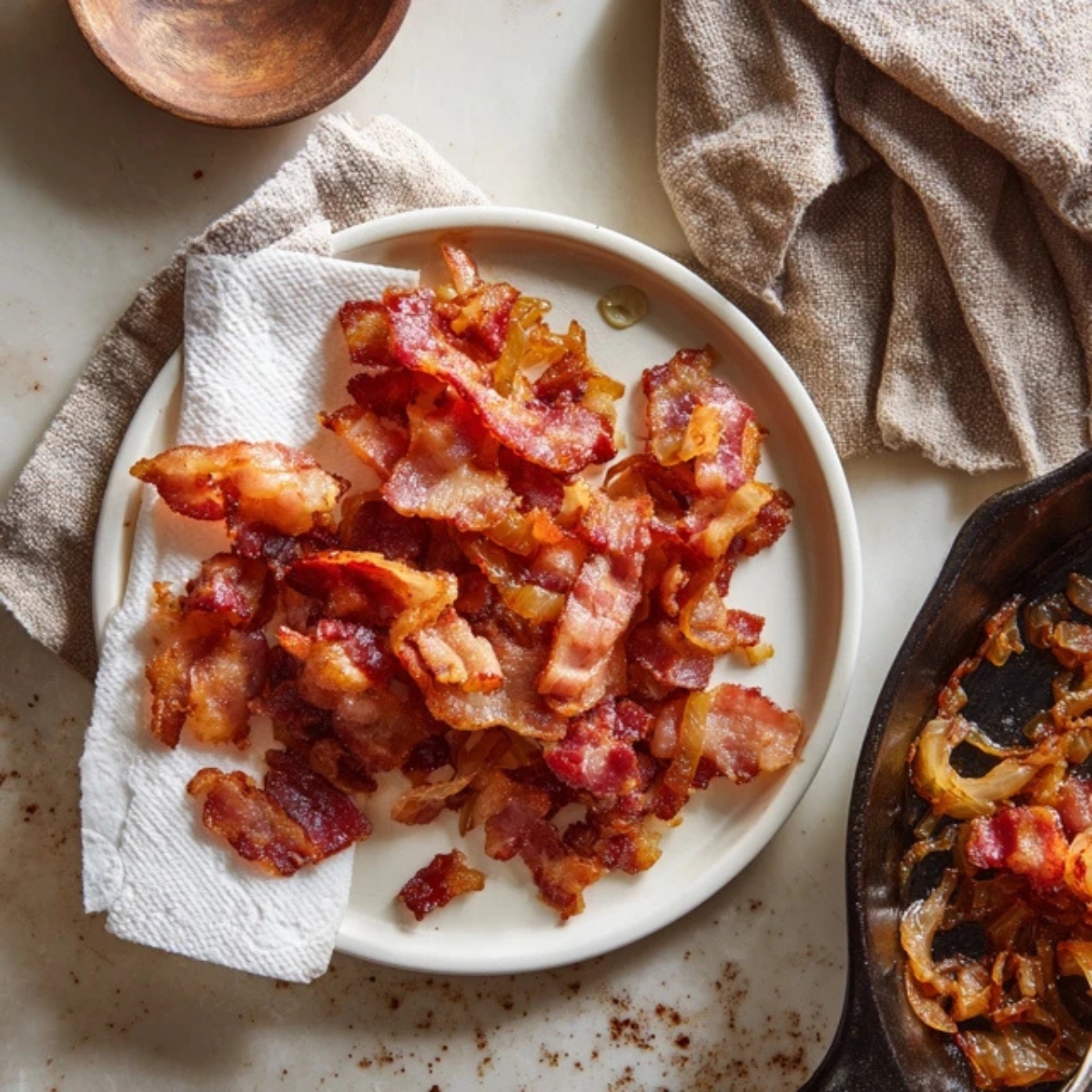 cooked bacon and caramelized onions cooling on counter