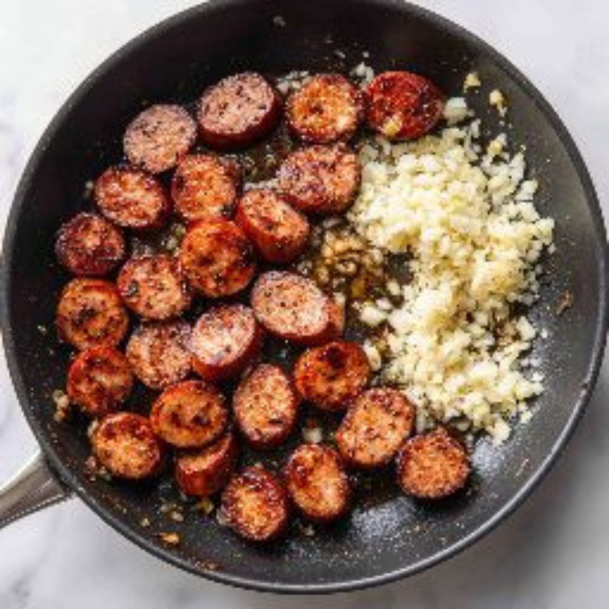  skillet with browned sausage and minced garlic on white counter