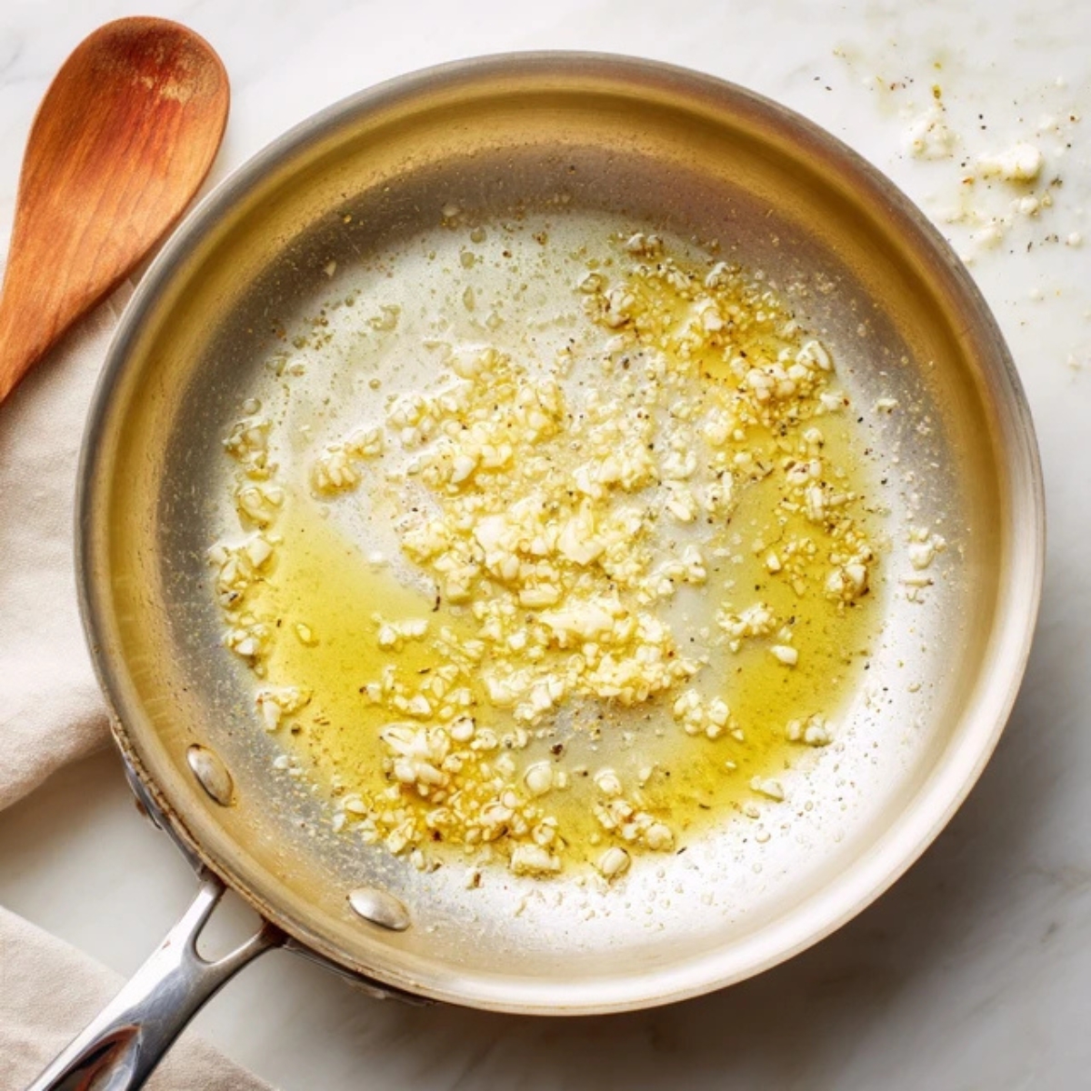 Minced garlic sizzling in melted butter in a skillet

