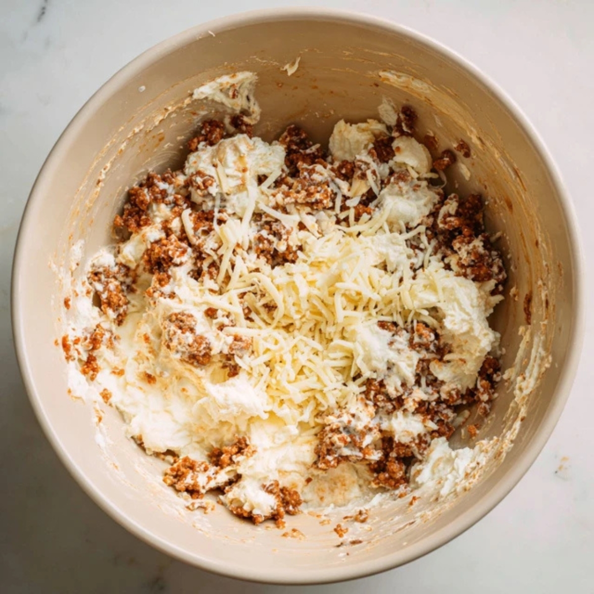 cheesy sausage filling in mixing bowl on counter