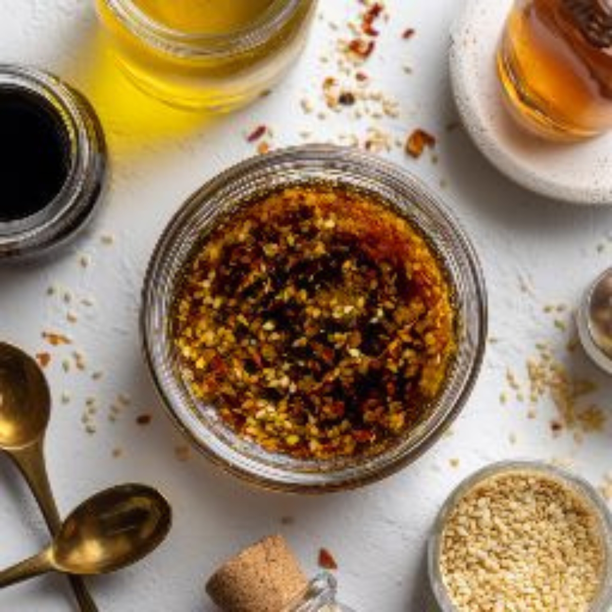 sesame dressing ingredients in small bowl