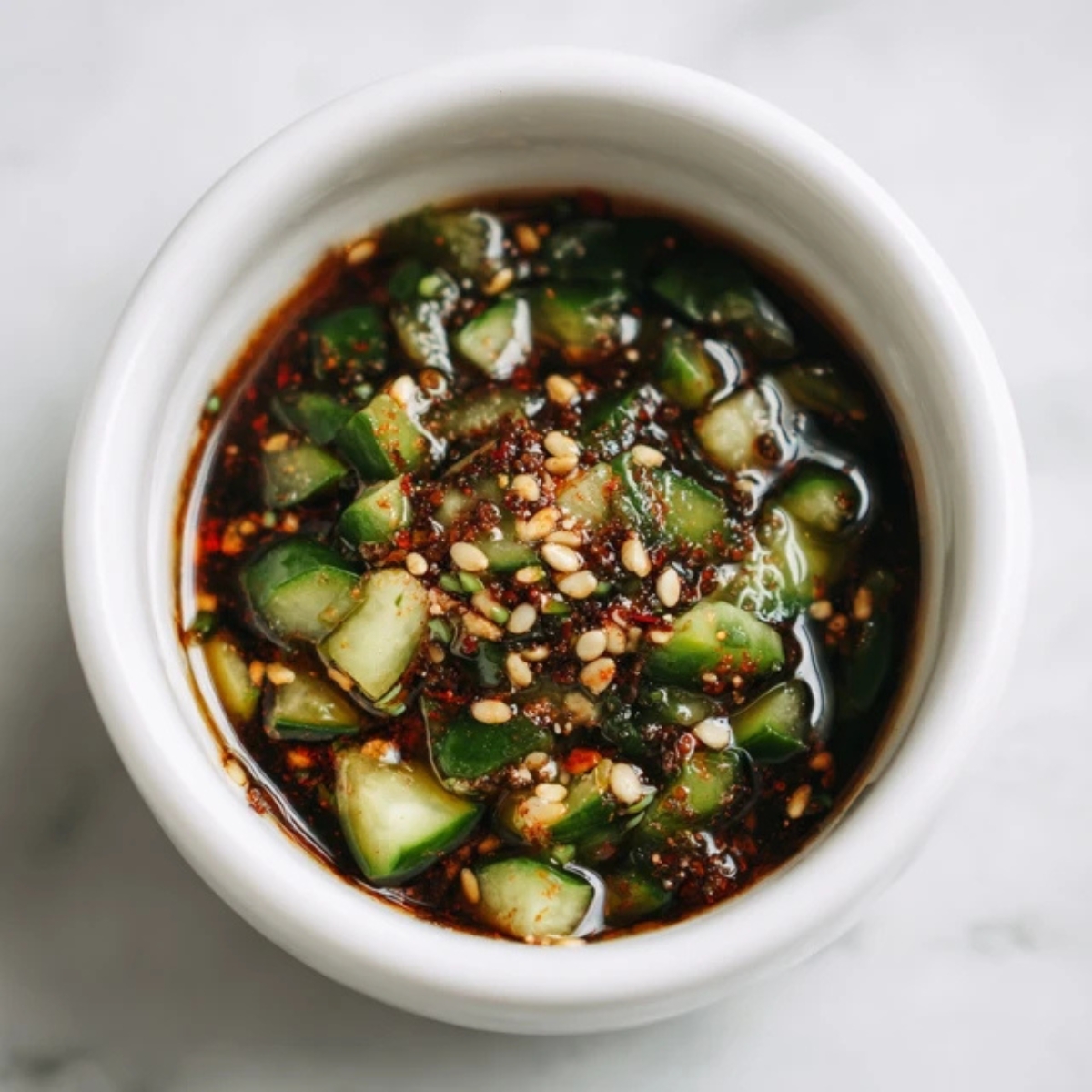 gochugaru and garlic Korean dressing in white bowl

