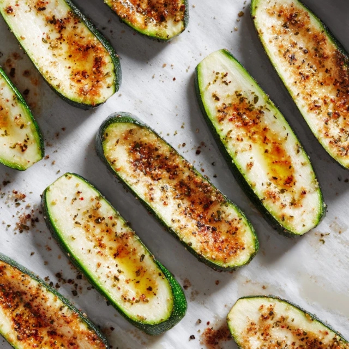 Seasoned zucchini halves on baking sheet before pre-baking