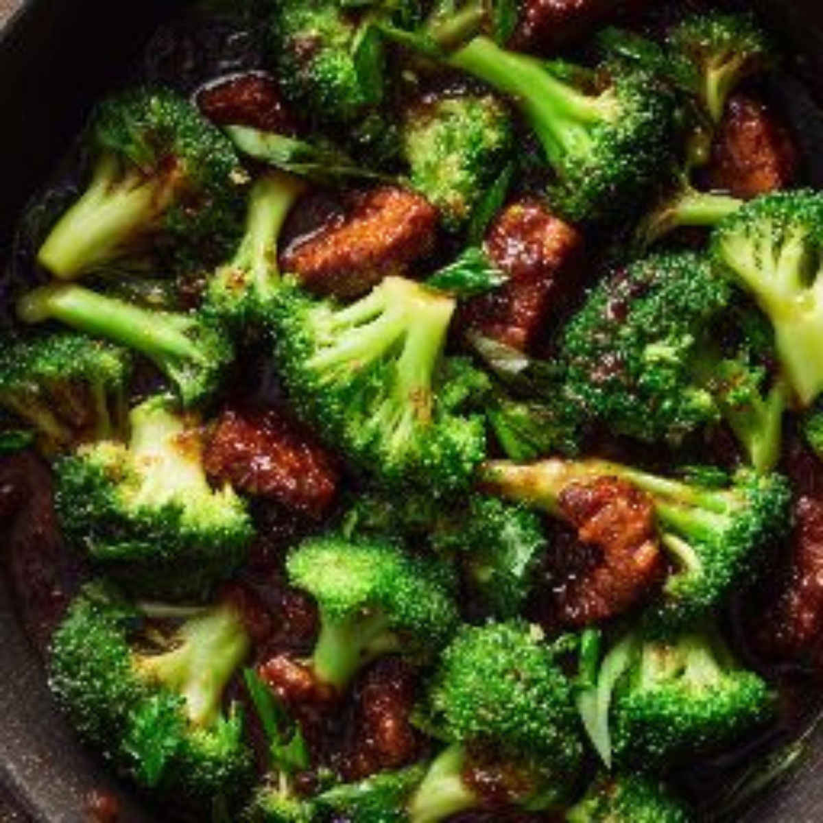 skillet with broccoli, sausage, and honey soy sauce coating