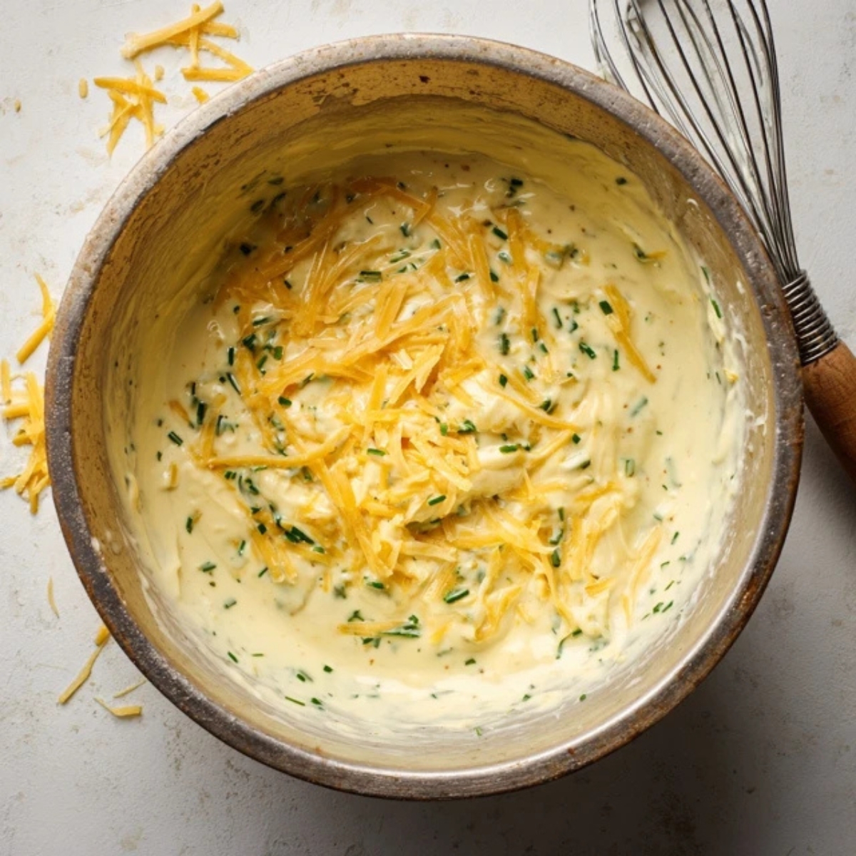 creamy pie filling mixed in bowl with herbs and cheese