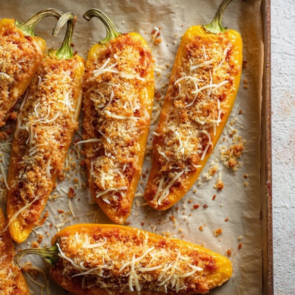 stuffed banana peppers topped with cheese on baking sheet