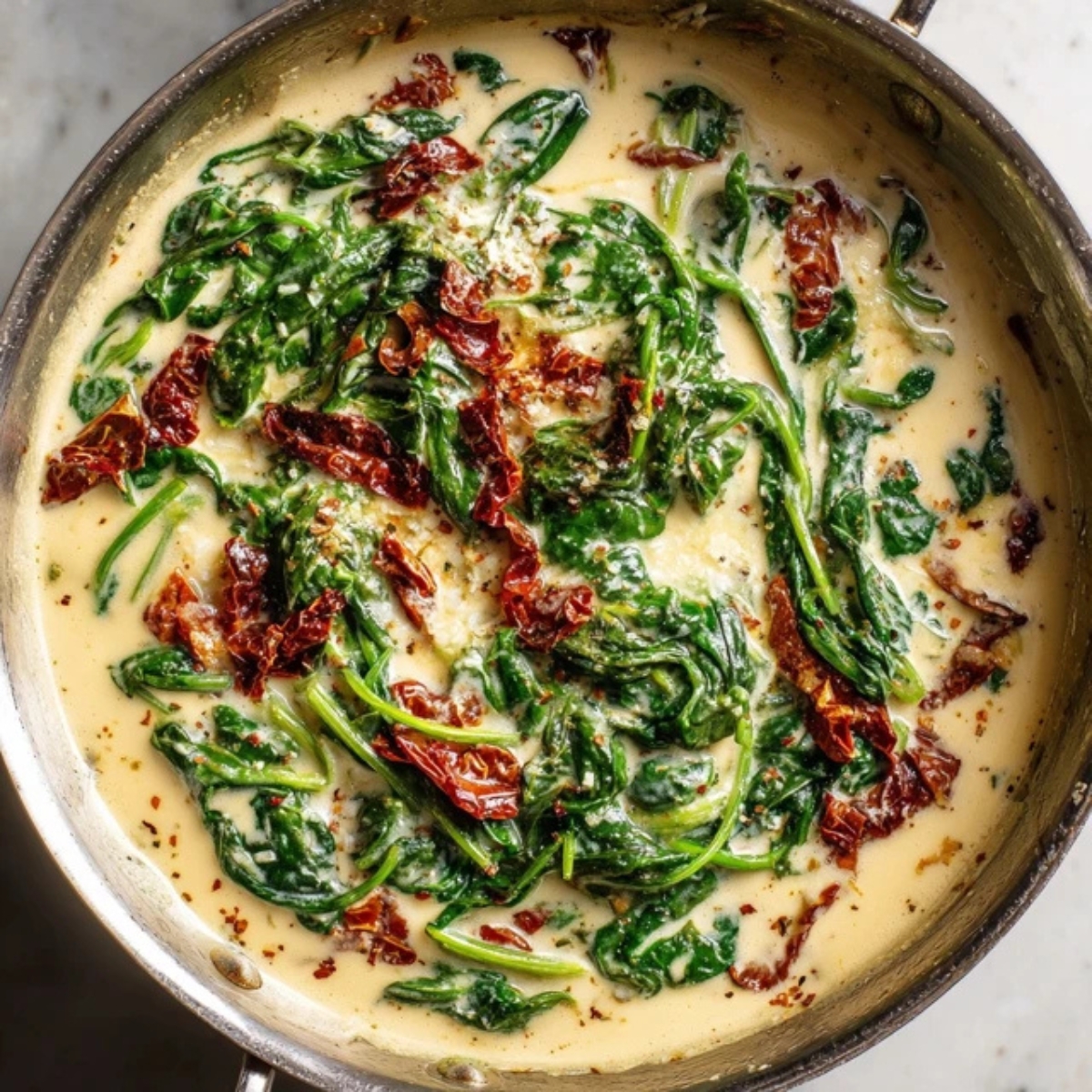 Creamy Tuscan sauce with spinach and sun-dried tomatoes simmering in skillet

