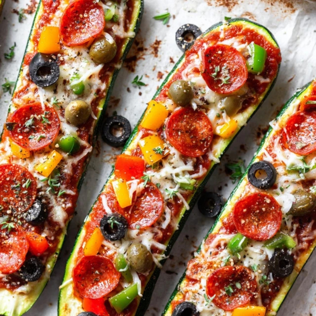 Zucchini boats filled with sauce, toppings, and cheese before final bake.