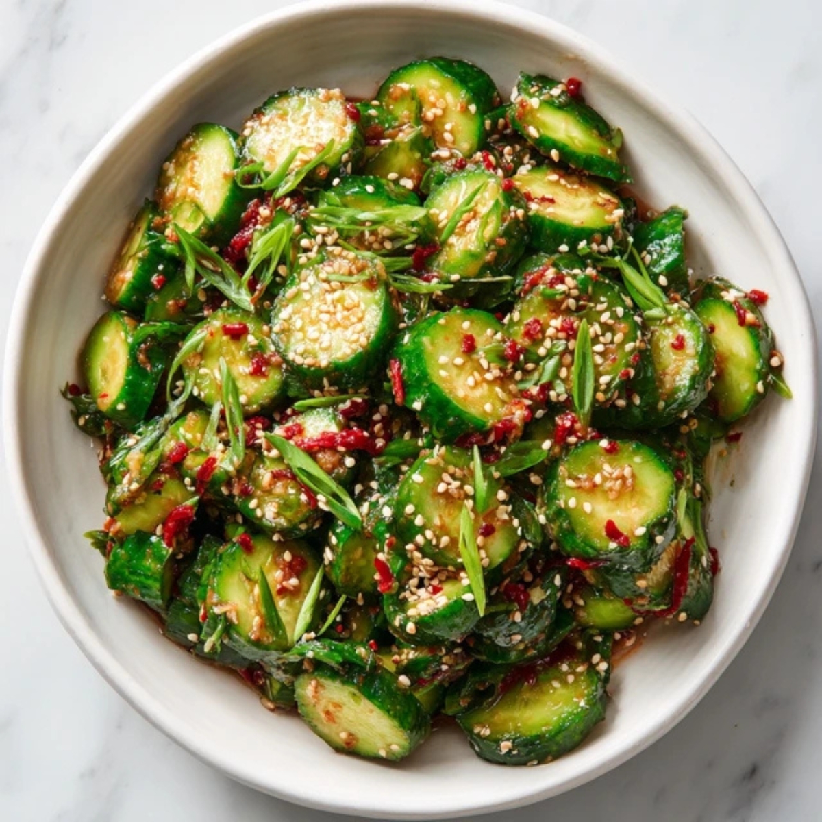 Korean cucumber salad with sesame seeds and green onions

