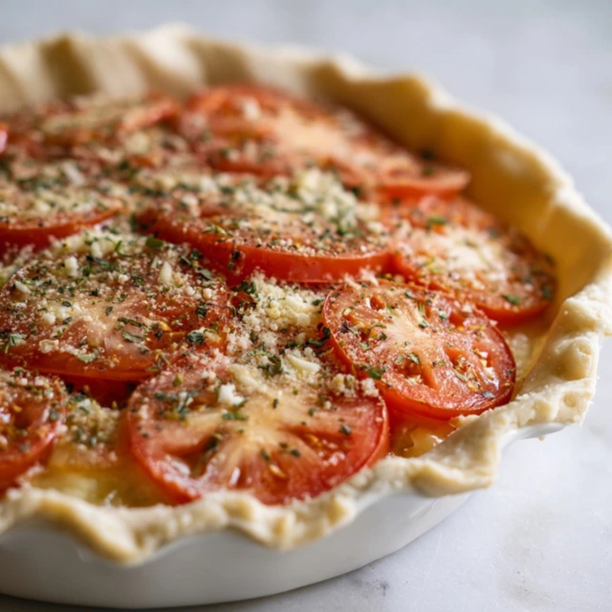 tomato pie assembled and ready to bake in pie dish