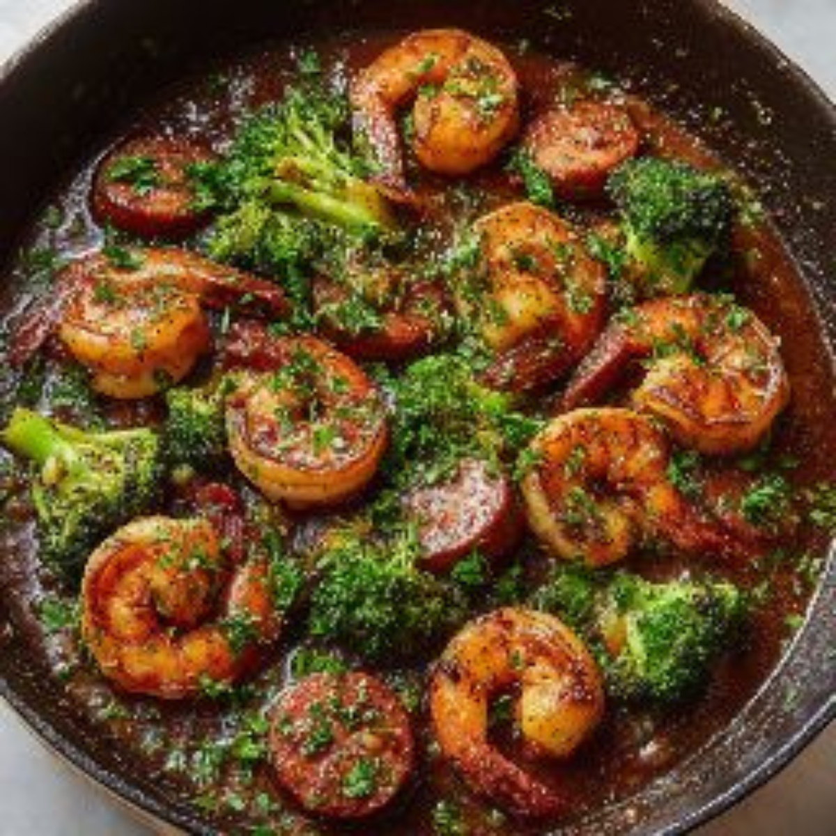 skillet with shrimp, sausage, and broccoli in honey garlic sauce