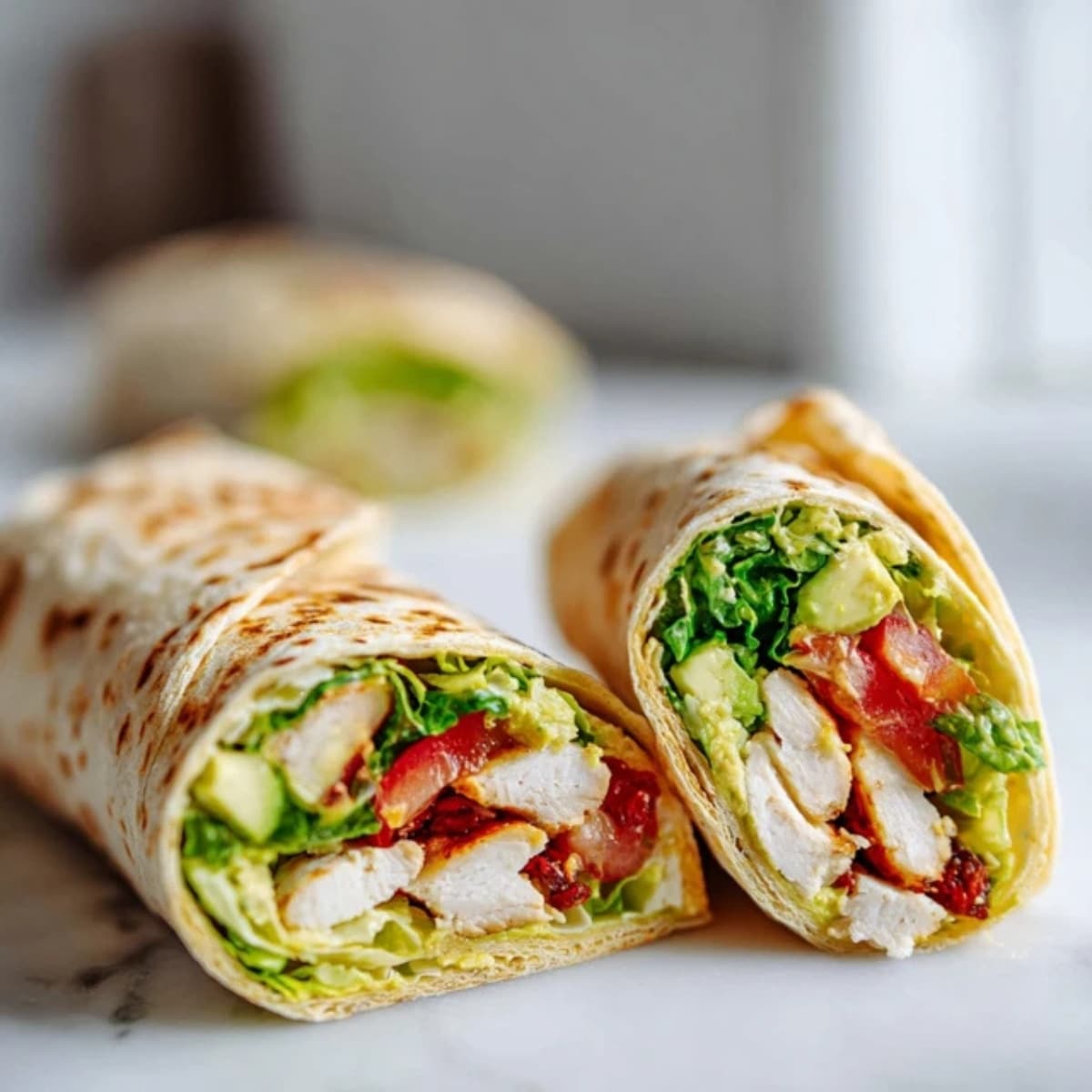 sliced chicken avocado wrap halves showing fresh filling