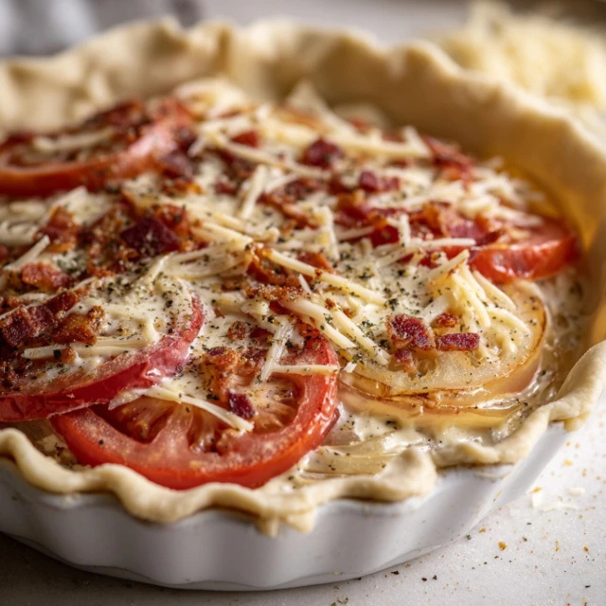 unbaked bacon tomato pie layered in crust