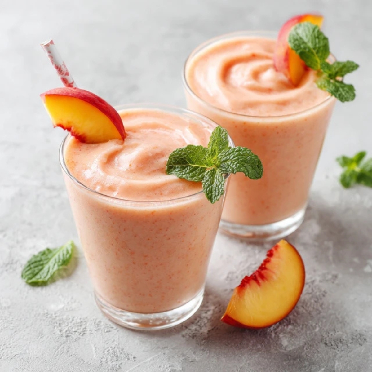 two glasses of strawberry peach smoothie with mint and peach garnish