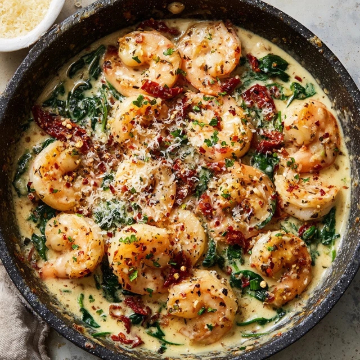 Cooked shrimp coated in creamy Tuscan sauce in skillet

