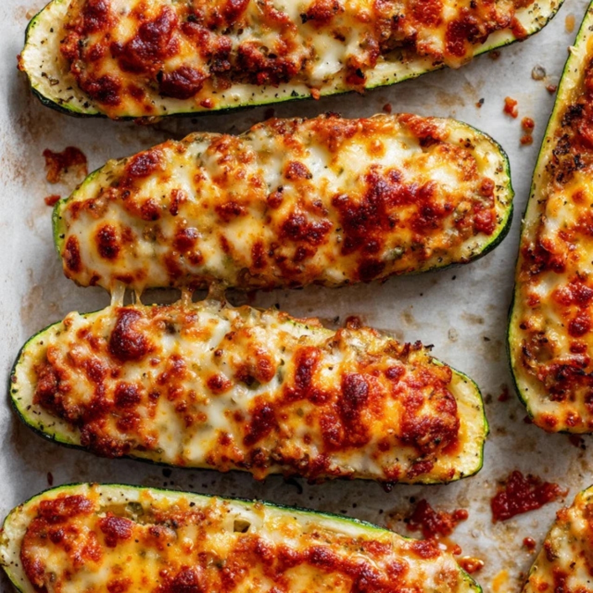 Golden baked zucchini pizza boats fresh from the oven.