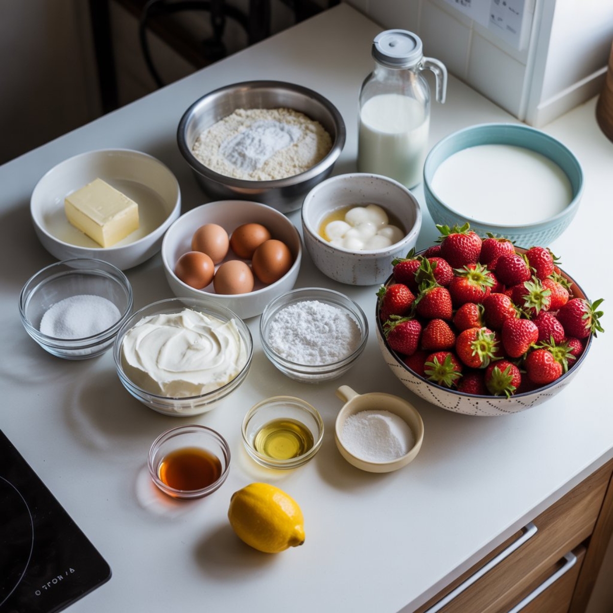 flat lay of strawberries and cream cake ingredients on white counter