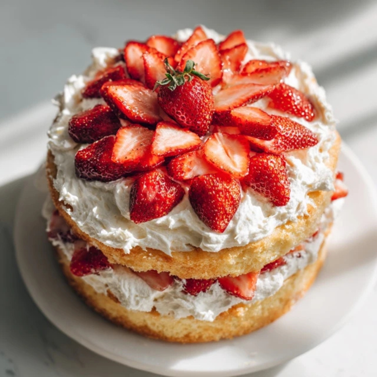 homemade strawberries and cream cake with fresh berries and whipped cream