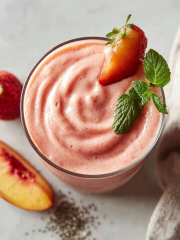 ingredients for strawberry peach smoothie on white kitchen counter
