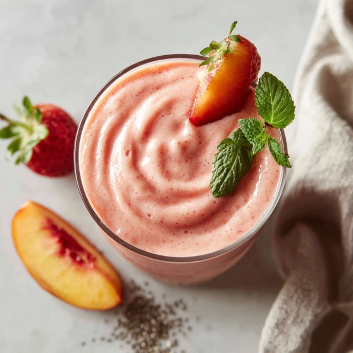  ingredients for strawberry peach smoothie on white kitchen counter