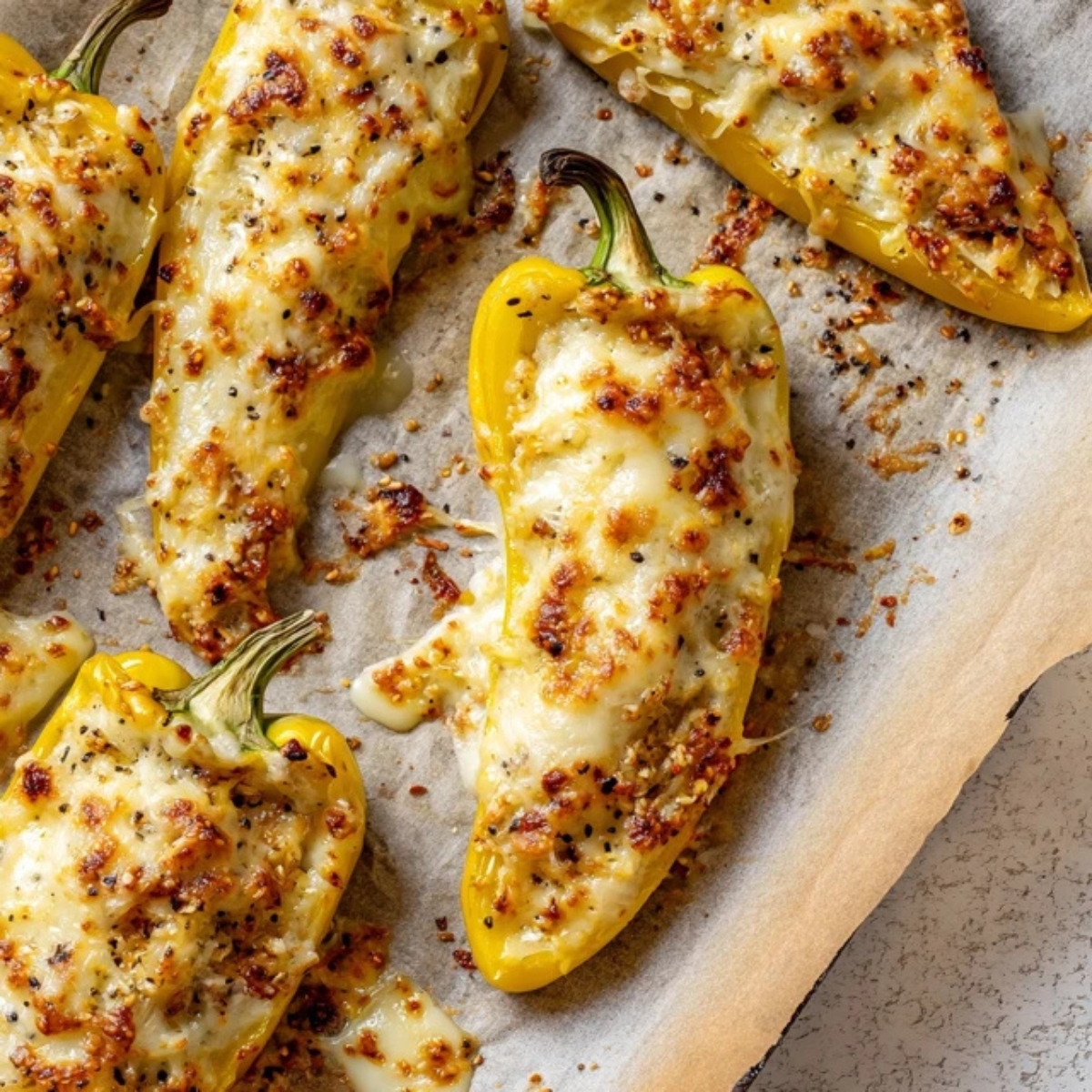 golden baked stuffed banana peppers on baking sheet