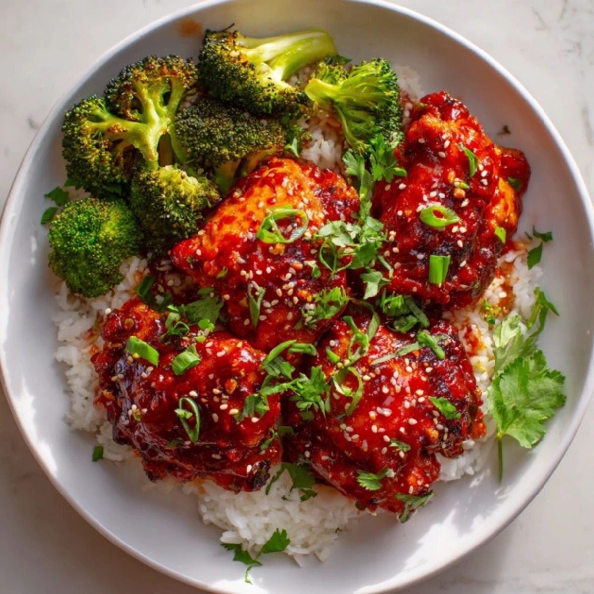 Sweet chili chicken with sesame seeds and green onions on white plate