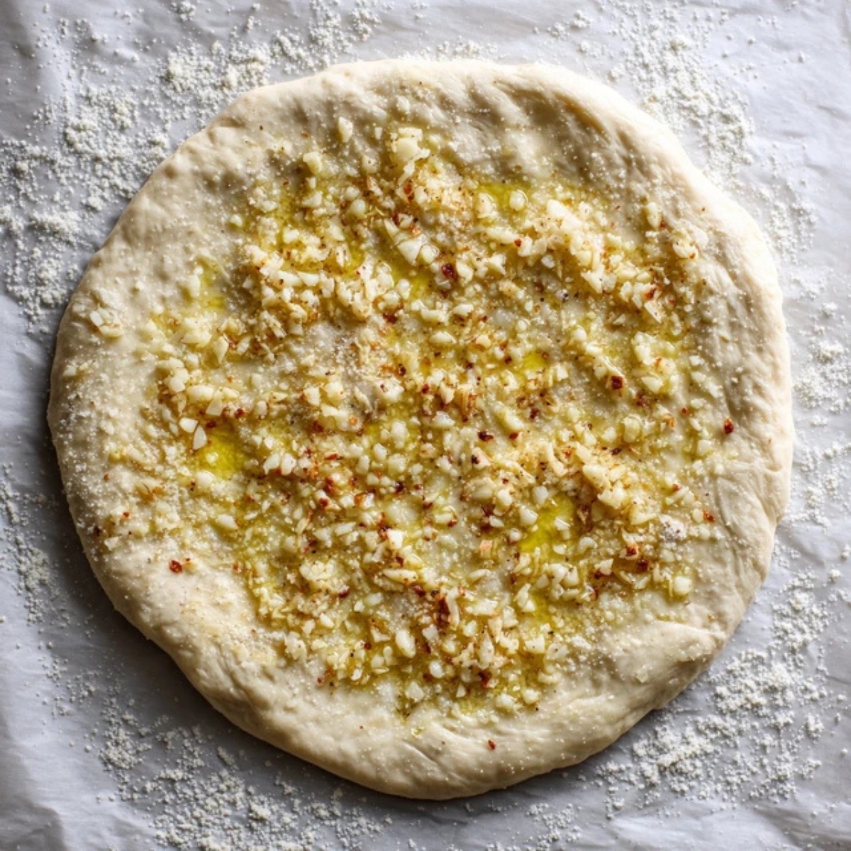 Homemade pizza dough brushed with olive oil, garlic, and salt on parchment paper.