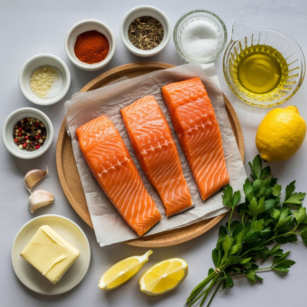 Ingredients for Texas Roadhouse grilled salmon with lemon herb butter on white counter