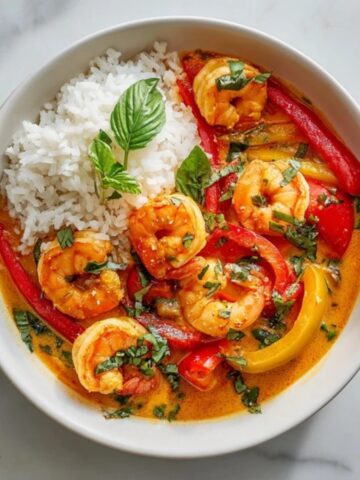 creamy Thai coconut curry shrimp with jasmine rice in white bowl