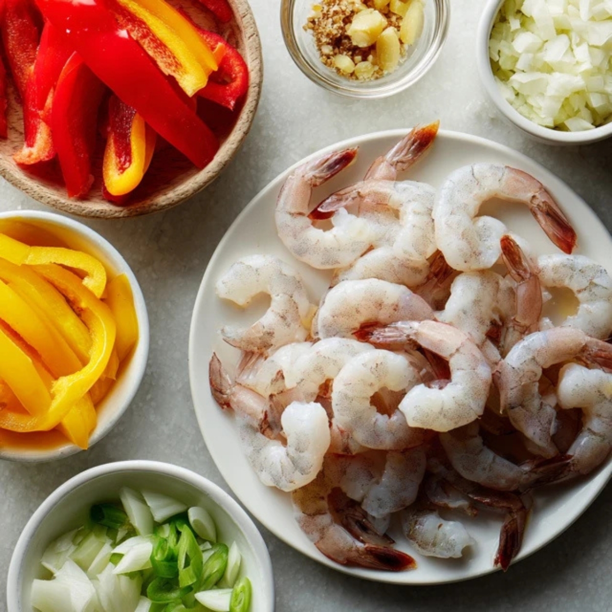  prepped shrimp and vegetables for Thai curry on kitchen counter