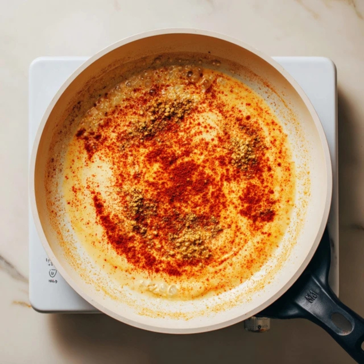 red curry paste and coconut milk simmering in skillet for Thai shrimp curry