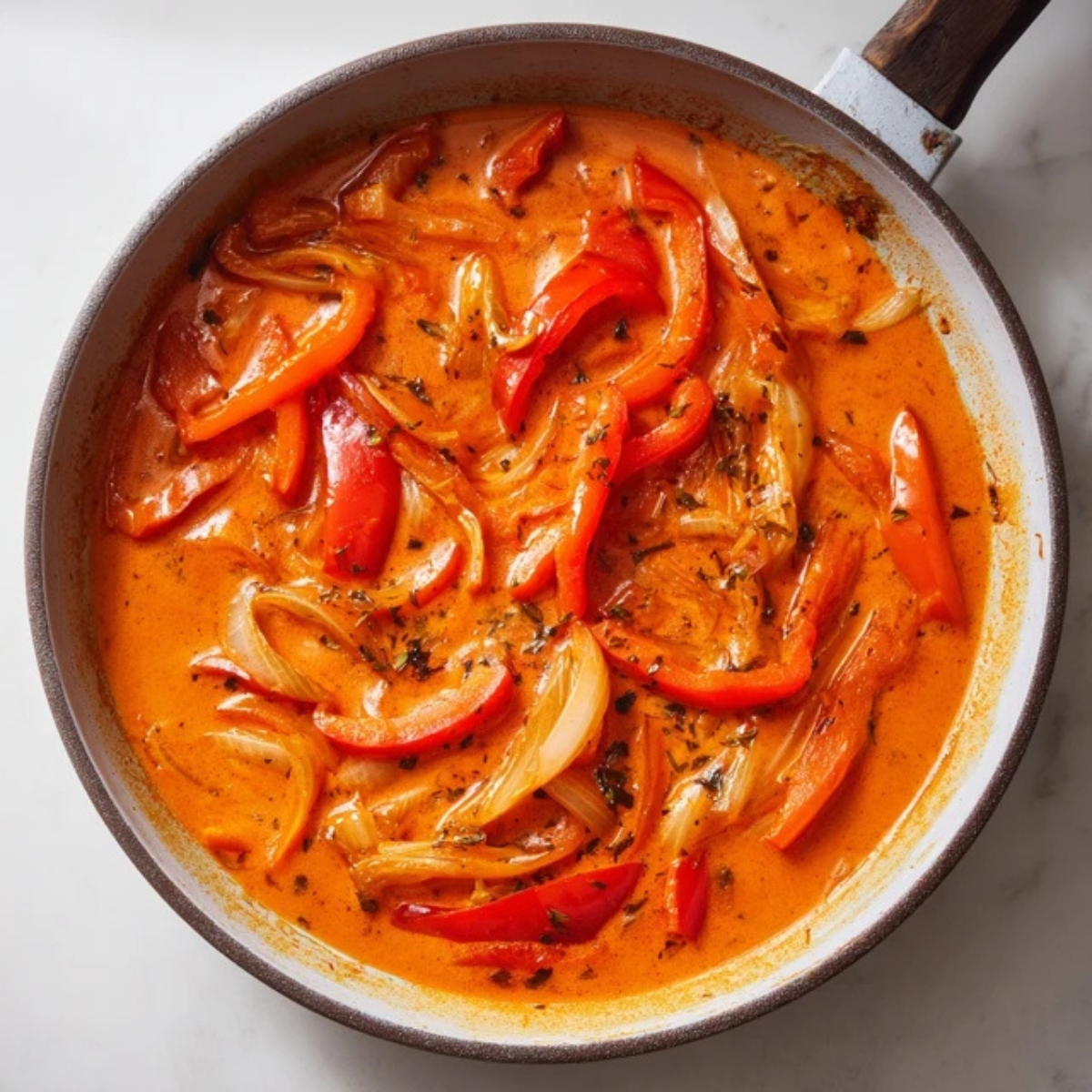 bell peppers and onions cooking in red coconut curry sauce
