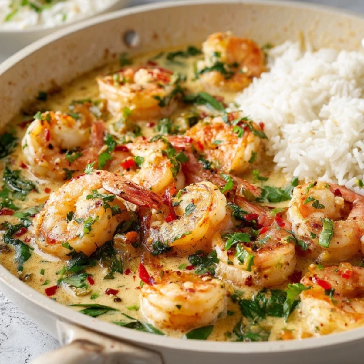 Add shrimp, cook until pink, and finish with lime, basil, and cilantro.