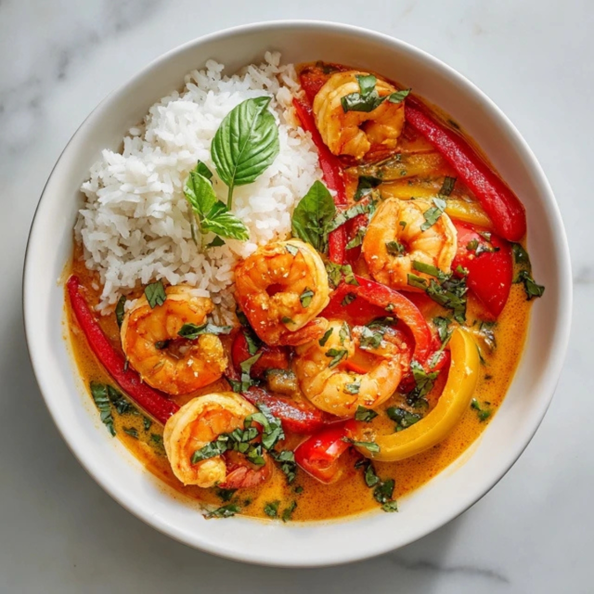  creamy Thai coconut curry shrimp with jasmine rice in white bowl