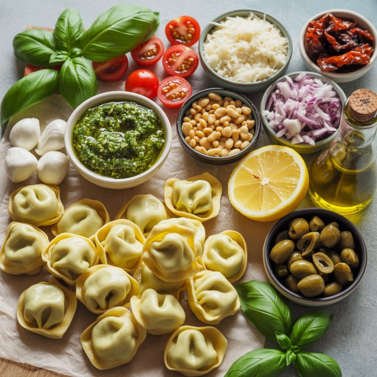 fresh tortellini pasta salad pesto ingredients on a white counter