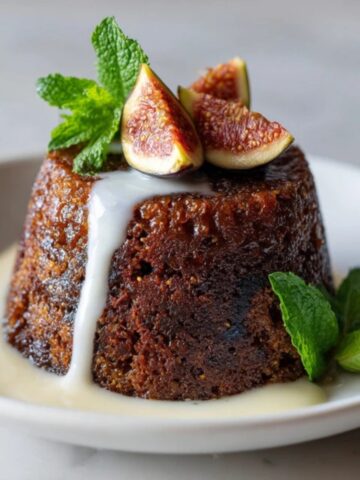 traditional fig pudding served on white plate with cream and fresh figs top view