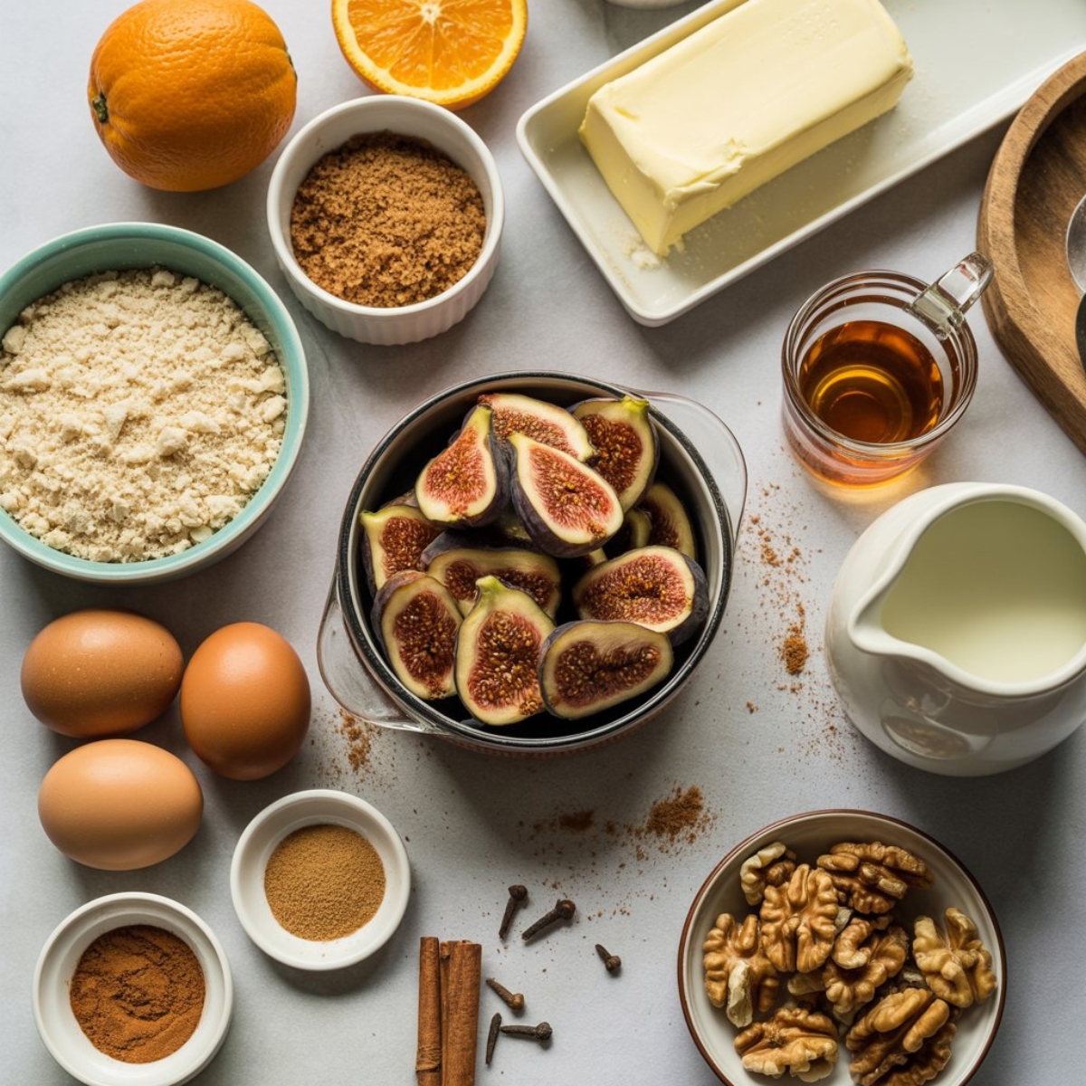 ingredients for traditional fig pudding arranged on white kitchen counter top view