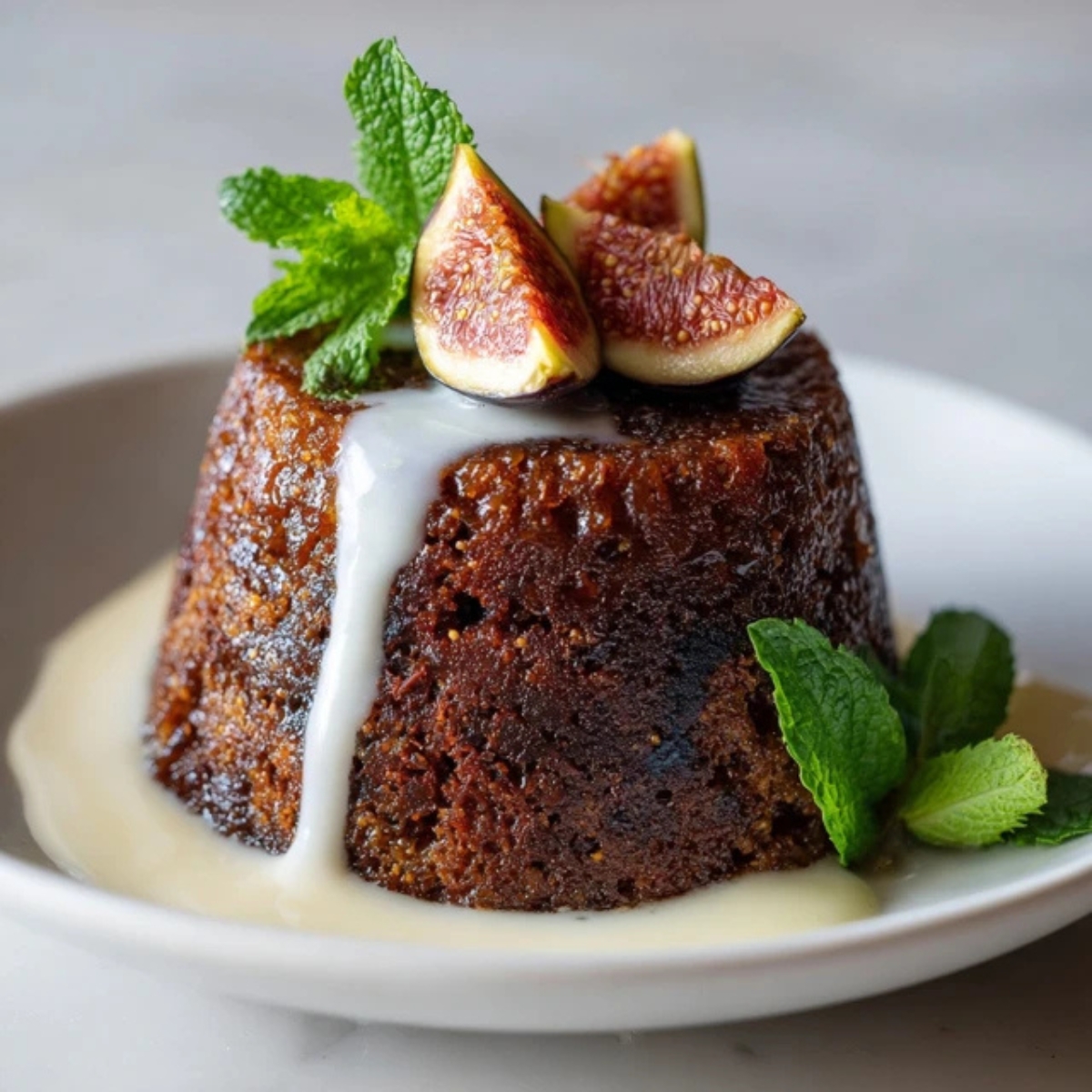 traditional fig pudding served on white plate with cream and fresh figs top view