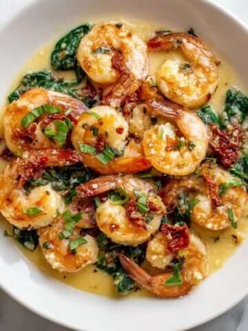 Tuscan butter shrimp in creamy garlic sauce with spinach and sun-dried tomatoes
