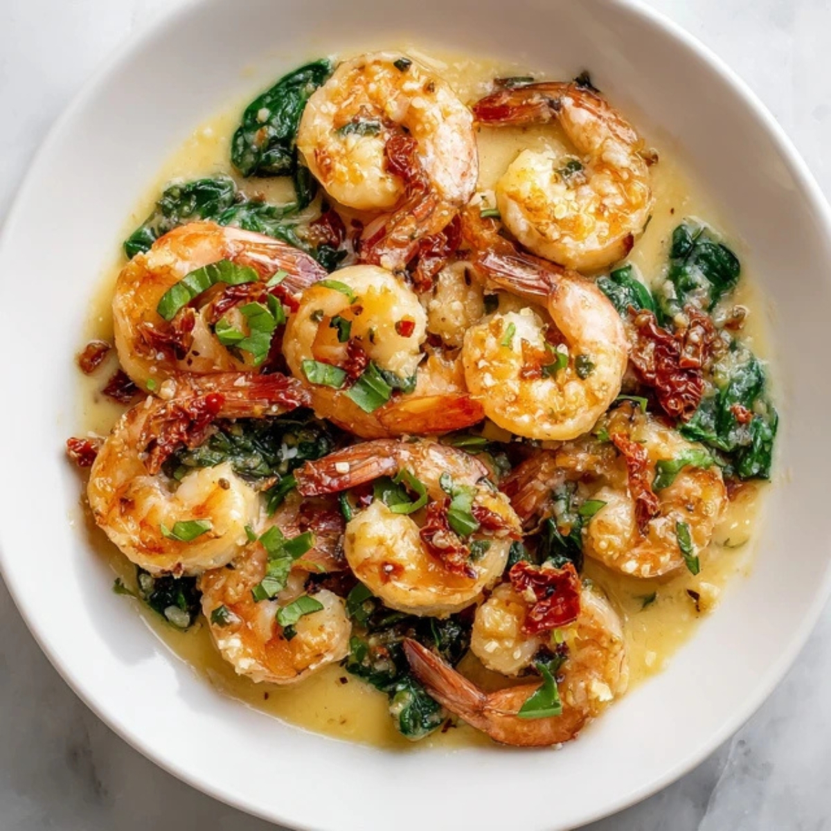 Tuscan butter shrimp in creamy garlic sauce with spinach and sun-dried tomatoes

