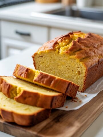 Homemade yellow squash bread loaf with slices on counter