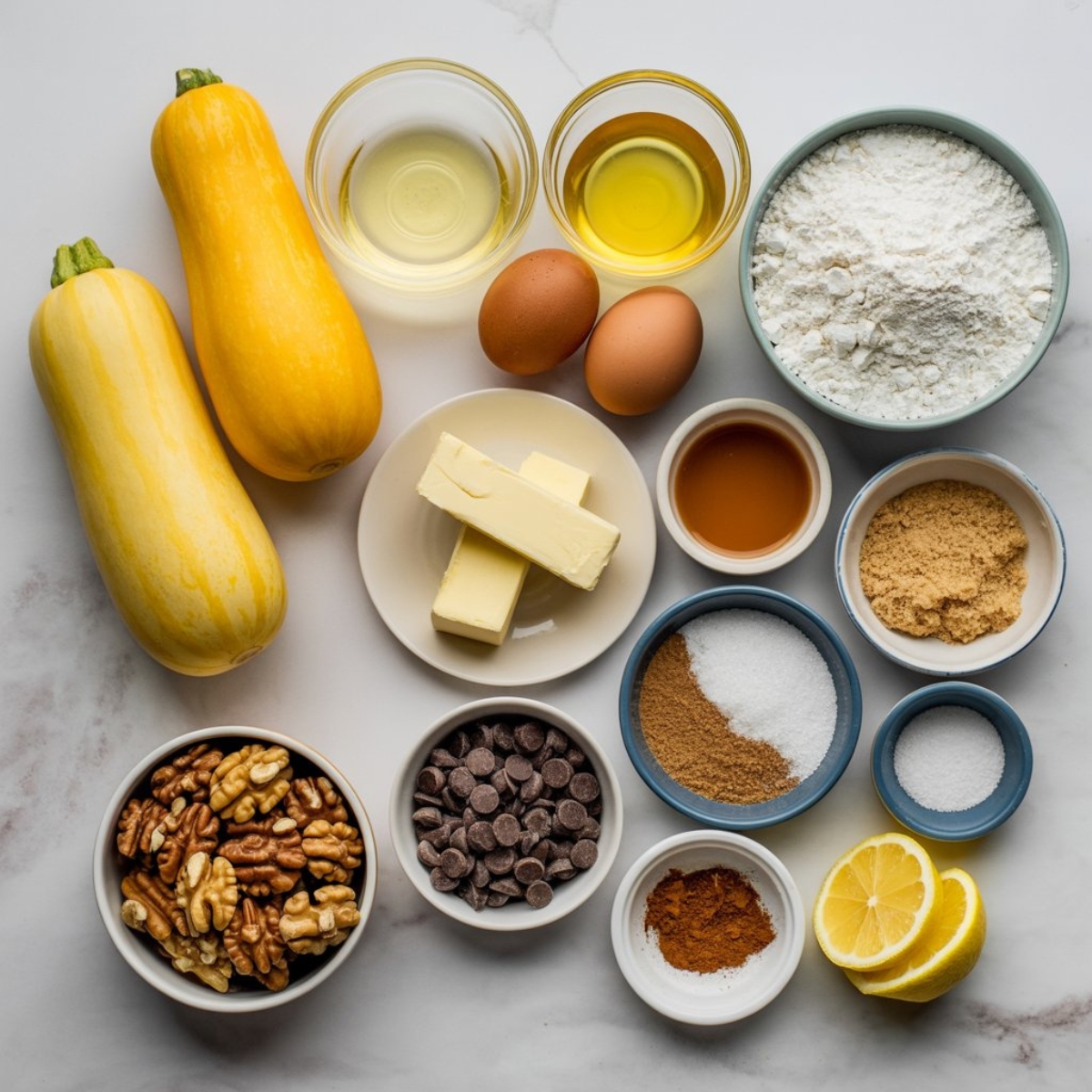 Fresh ingredients for homemade yellow squash bread on counter