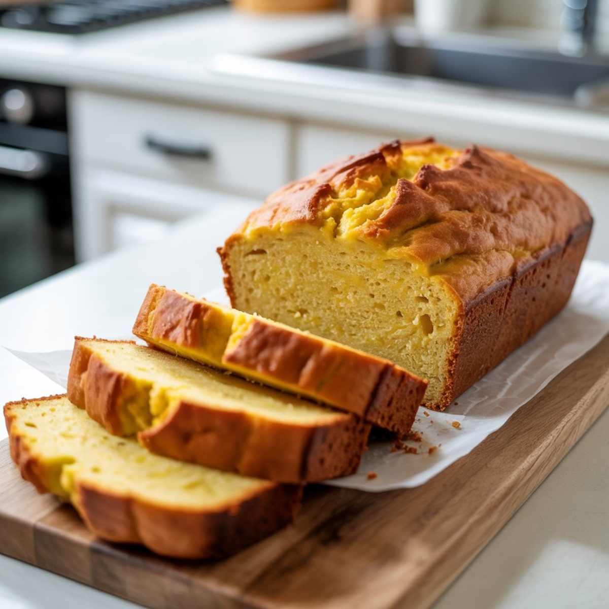 Homemade yellow squash bread loaf with slices on counter